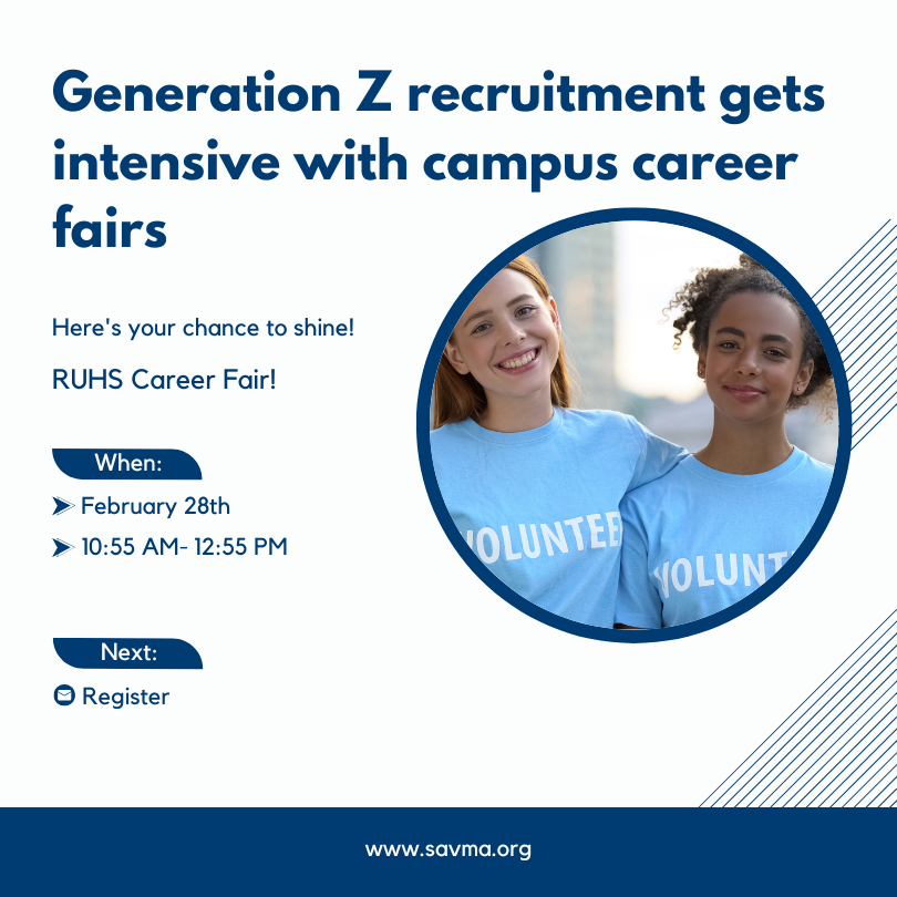 Generation Z recruitment gets intensive with campus career fairs- two smiling youth volunteers with blue volunteer shirts